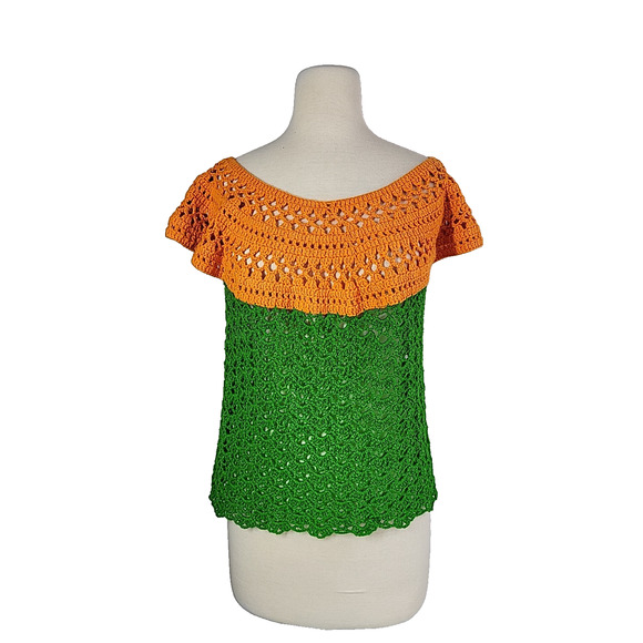 Handmade Crocheted Open Knit Sweater Small Green Orange Festival Rave Coachella - Picture 1 of 7